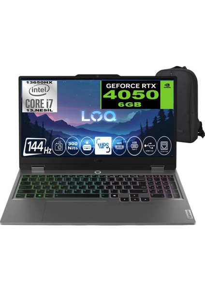 Loq Intel Core I7 13650HX 48GB Ram 512GB SSD RTX4050 105W IPS 300NIT 144Hz Freedos 15.6" Taşınabilir Bilgisayar & Cimete Çanta
