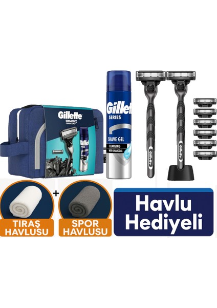 Mach3 Charcoal 2 Makine+ 8 Tıraş Bıçağı + Stand +200 ml Jel +Havlu Seti Hediye