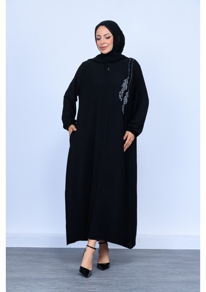 Yaprak Taş Işleme Detaylı Tam Boy Gizli Patlı Ferace, Şık ve Zarif Tasarım modelleri