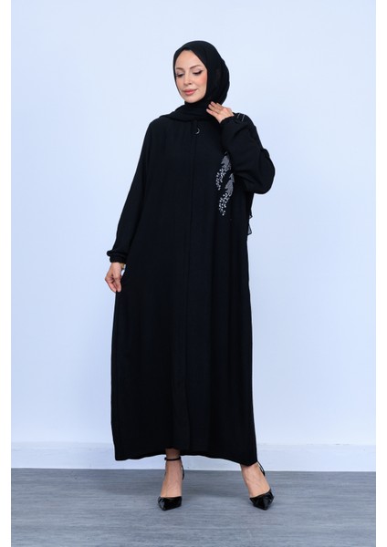 Yaprak Taş Işleme Detaylı Tam Boy Gizli Patlı Ferace, Şık ve Zarif Tasarım indirimleri