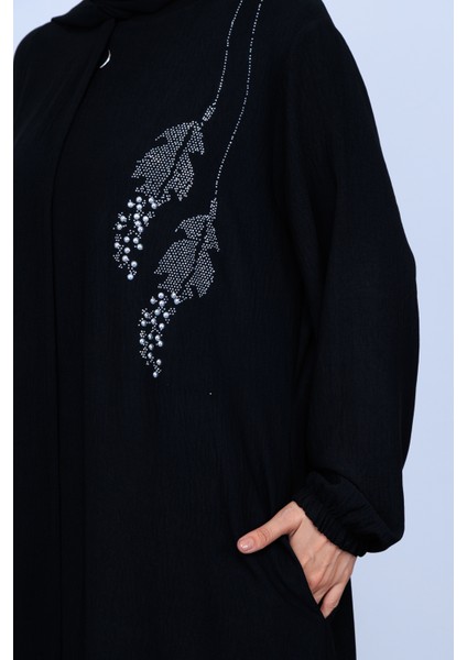 Yaprak Taş Işleme Detaylı Tam Boy Gizli Patlı Ferace, Şık ve Zarif Tasarım