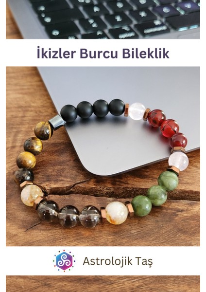 Renkli Taşlı Burç Bilekliği, Yeşim, Oniks, Kırmızı Akik, Kuvars, Kaplan Gözü, Pembe Kuvars