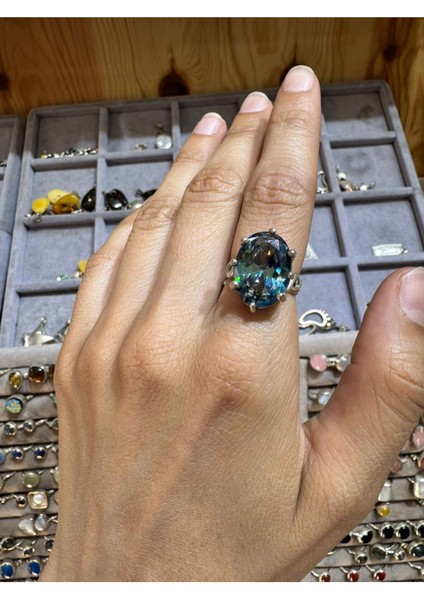 Mavi Renkli, Doğal Taşlı Şık Gümüş Yüzük, Zarif ve Özgün Tasarım