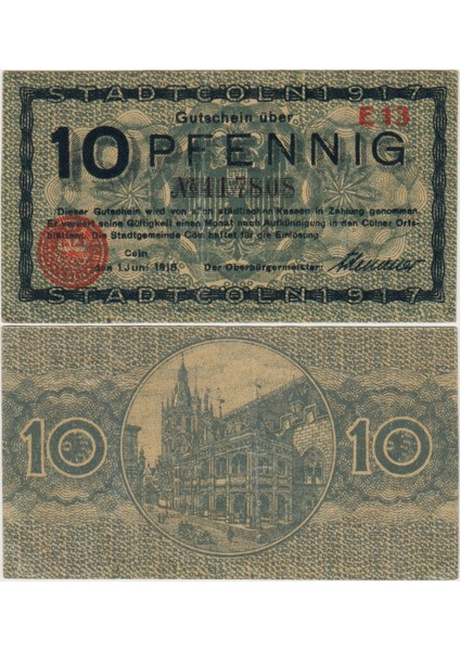 Almanya 10 Pfennig 1918 Notgeld-Köln. Çilaltı.