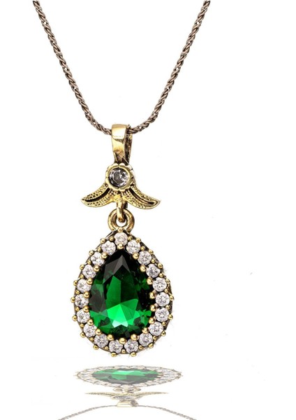 Yeşil Zümrüt Taşlı Gümüş Otantik Kolye, Doğal Taşlı Şık Takı
