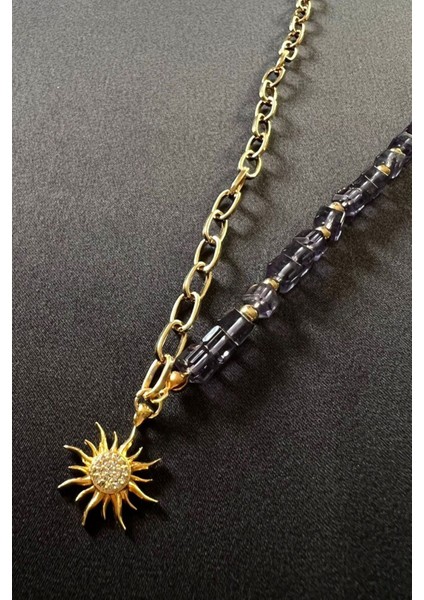 Mor Taş ve Altın Zincirli Güneş Detaylı Şık Kolye fiyatları