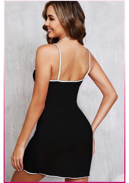 La Vıor Style La Vıor Siyah Kadın Ev Giyim Uyku Takımı Gecelik Elbise modelleri