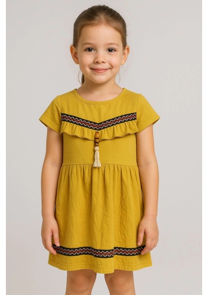Önü Püsküllü Boncuk Detaylı Kız Çocuk Elbisesi Hardal