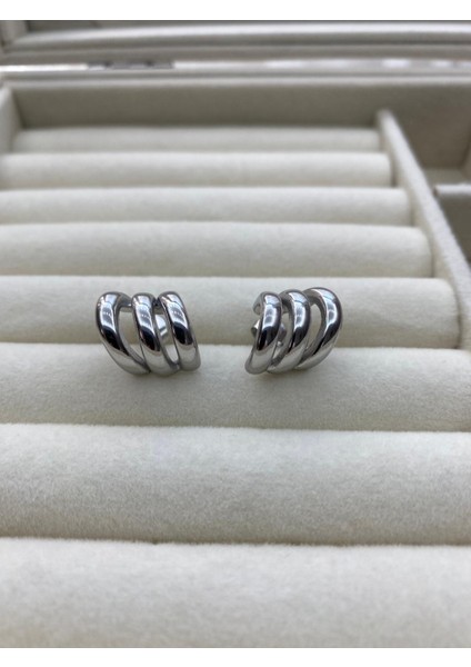 Çelik Gümüş Renk Tek Küpe 3'lü Görünüm