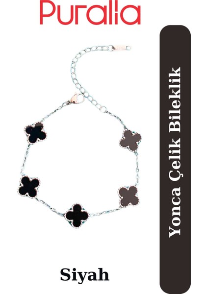 Şık Siyah Yonca Çelik Bileklik, Modern ve Dayanıklı Tasarım ile Tarzınızı Tamamlar