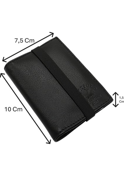 Hakiki Deri Bol Şeffaf Kart Bölmeli Lastikli Unisex Kartlık - Siyah