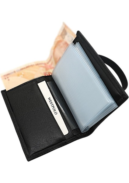 Hakiki Deri Bol Şeffaf Kart Bölmeli Lastikli Unisex Kartlık - Siyah modelleri