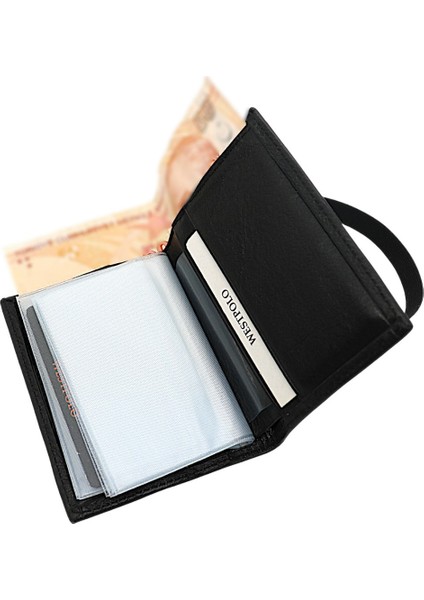 Hakiki Deri Bol Şeffaf Kart Bölmeli Lastikli Unisex Kartlık - Siyah indirimleri