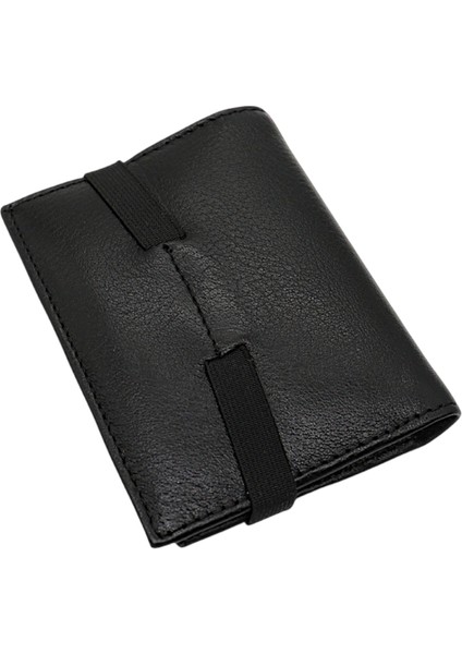 Hakiki Deri Bol Şeffaf Kart Bölmeli Lastikli Unisex Kartlık - Siyah
