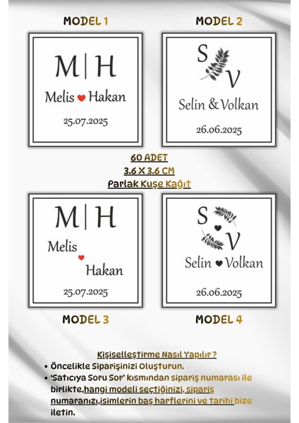 Çikolata Etiketi-Kişiye Özel Söz-Nikah-Nişan-Düğün-Kare Çikolata Etiketi (Sticker)-3,6x3,6cm 60 Adet