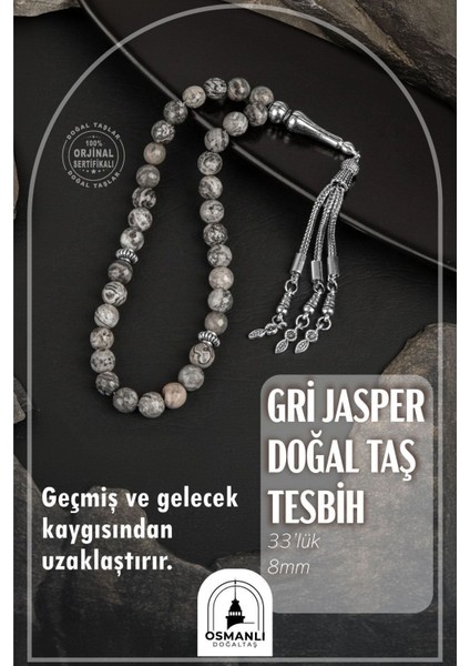 Gri Jasper Doğal Taş Tesbih 33’lü 8mm, Şık ve Doğal Taş Koleksiyonu