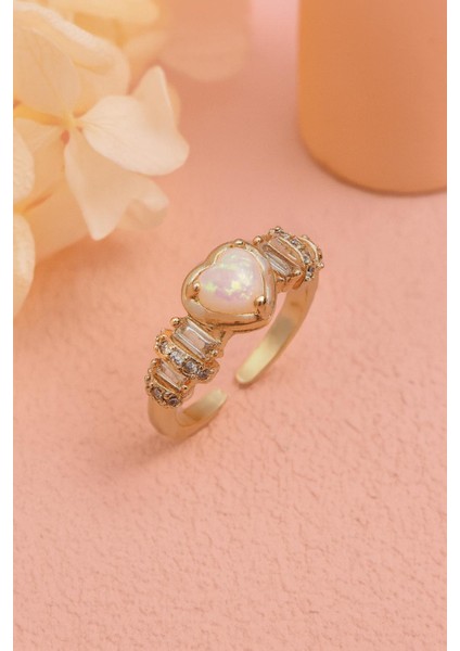 Kadın Beyaz Opal ve Zirkon Taşlı Ayarlanabilir Çelik Kalp Yüzük fiyatları