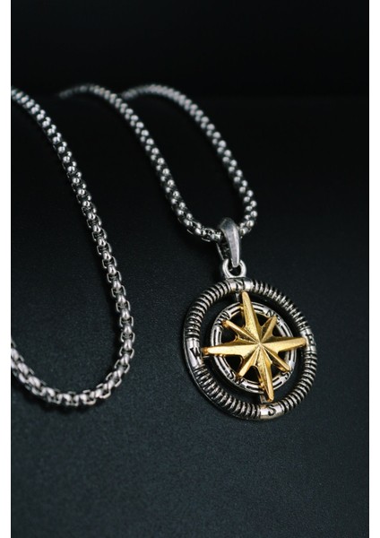 Yıldızlı Örme Zincir Çelik Kolye, Gold Ayrıntılı, Pusula Temalı, Şık ve Zarif Takı