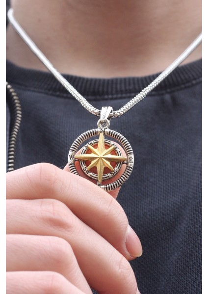 Yıldızlı Örme Zincir Çelik Kolye, Gold Ayrıntılı, Pusula Temalı, Şık ve Zarif Takı fiyatları