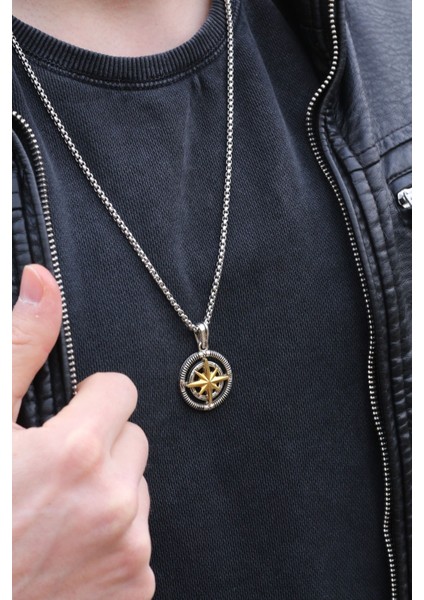 Yıldızlı Örme Zincir Çelik Kolye, Gold Ayrıntılı, Pusula Temalı, Şık ve Zarif Takı modelleri