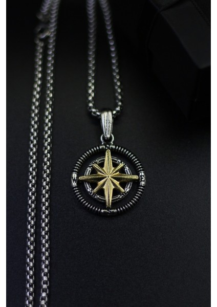 Yıldızlı Örme Zincir Çelik Kolye, Gold Ayrıntılı, Pusula Temalı, Şık ve Zarif Takı fırsatları