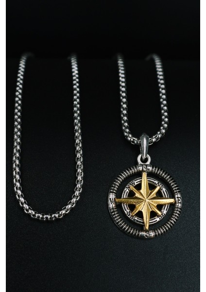 Yıldızlı Örme Zincir Çelik Kolye, Gold Ayrıntılı, Pusula Temalı, Şık ve Zarif Takı indirimleri
