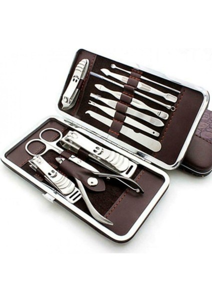 12 Parça Çanta Tipi Manikür ve Pedikür Tırnak Bakım Seti, Kahverengi