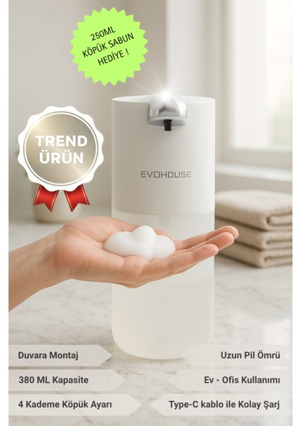 Otomatik Sensörlü Köpük Sıvı Sabunluk - Şarjlı- Duvara Monte - P12S Model