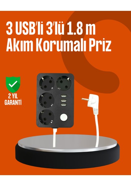 Ds-Derin Akım Korumalı 3 USB Portlu 4’lü Priz 4.1A Hızlı Şarj