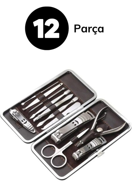 12 Parça Çanta Tipi Manikür ve Pedikür Tırnak Bakım Seti, Kahverengi