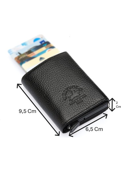 Mories Unisex Hakiki Guti Deri Kağıt Para Bölmeli ve Mekanizmalı Cüzdan Kartlık - Siyah