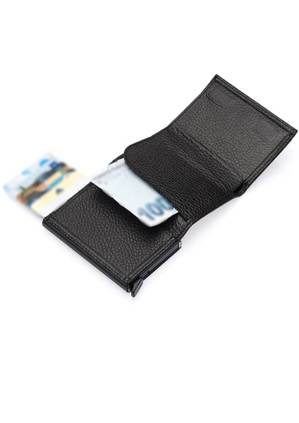 Mories Unisex Hakiki Guti Deri Kağıt Para Bölmeli ve Mekanizmalı Cüzdan Kartlık - Siyah modelleri