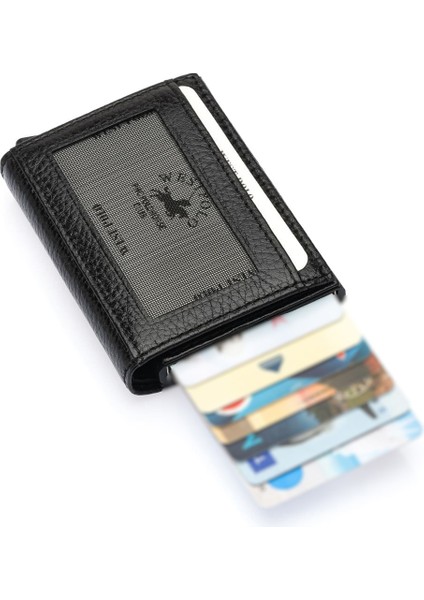 Mories Unisex Hakiki Guti Deri Kağıt Para Bölmeli ve Mekanizmalı Cüzdan Kartlık - Siyah
