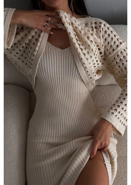 Ajurlu Kazak Düz Elbise Ikili Triko Takım fiyatları