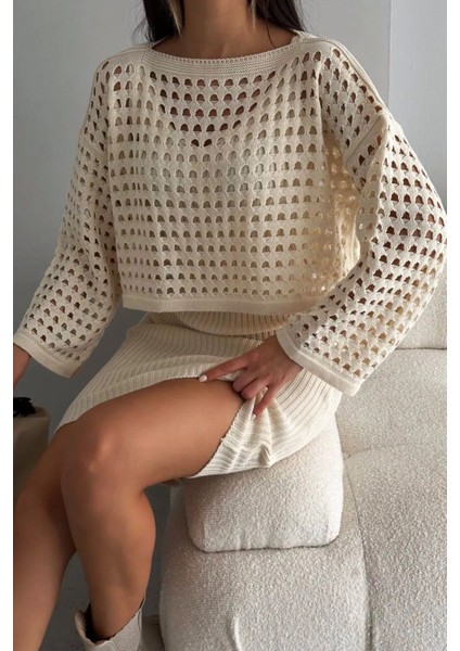 Ajurlu Kazak Düz Elbise Ikili Triko Takım fırsatları