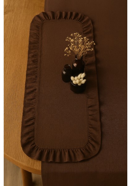 Doğal Keten Fırfırlı Runner, Şık Sofra Dekoru, Kahverengi