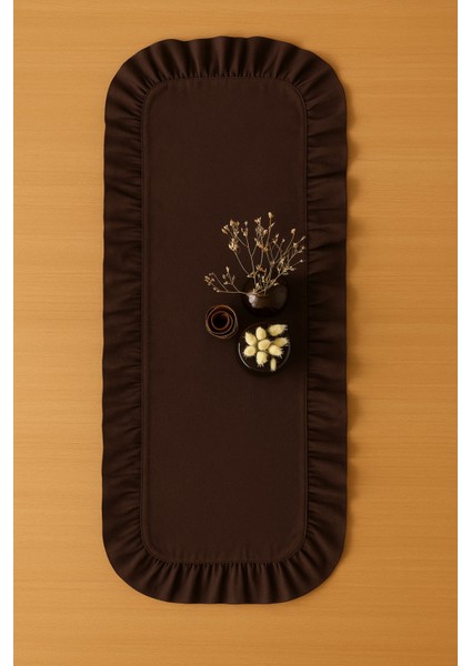 Doğal Keten Fırfırlı Runner, Şık Sofra Dekoru, Kahverengi modelleri