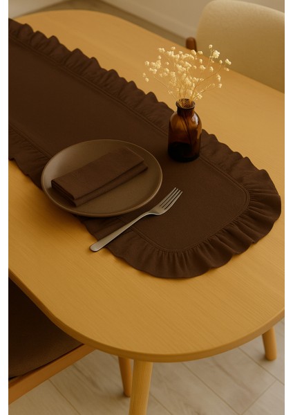 Doğal Keten Fırfırlı Runner, Şık Sofra Dekoru, Kahverengi fırsatları