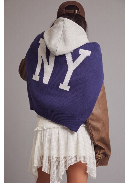 Ny Desenli Düşük Omuzlu Kazak