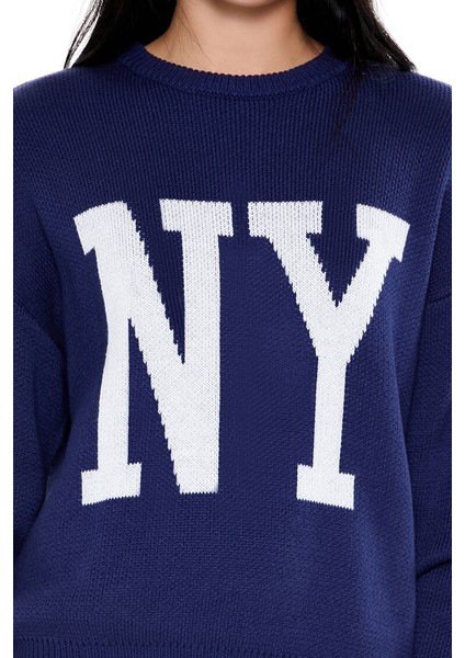 Ny Desenli Düşük Omuzlu Kazak