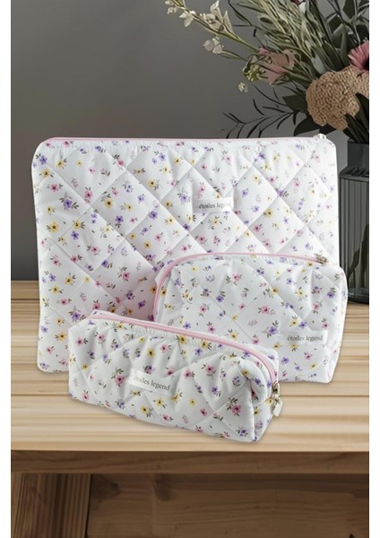 Çiçek Desenli Kalem Makyaj Labtop Bilgisayar Set Çantası