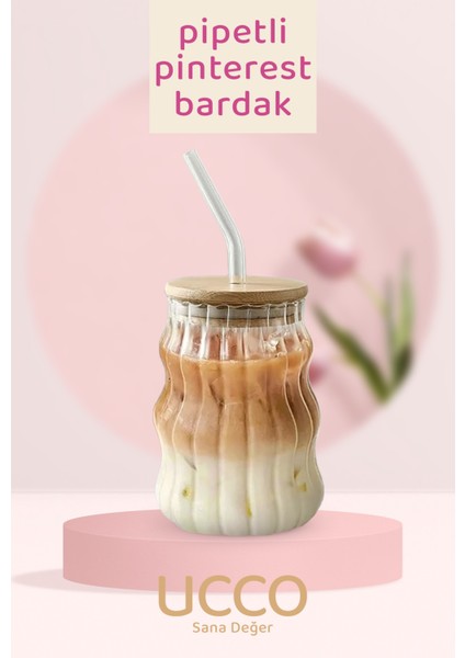 450ML Bambu Kapaklı Cam Pipetli Bardak Smoothie Kokteyl Kahve Çay Limonata Latte Sunum Bardağı