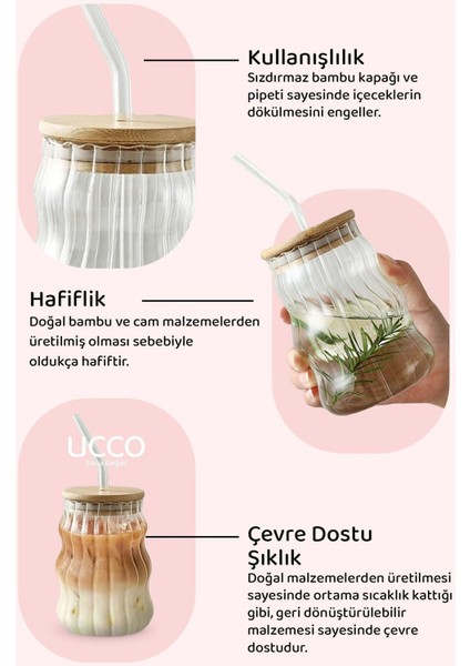 450ML Bambu Kapaklı Cam Pipetli Bardak Smoothie Kokteyl Kahve Çay Limonata Latte Sunum Bardağı