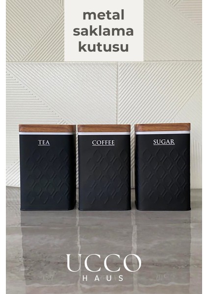 3'lü Dikdörtgen 1,6 Litre Siyah Metal Çay Kahve Şeker Saklama Kabı Kavanoz Erzak Kabı - 18 x 11 cm