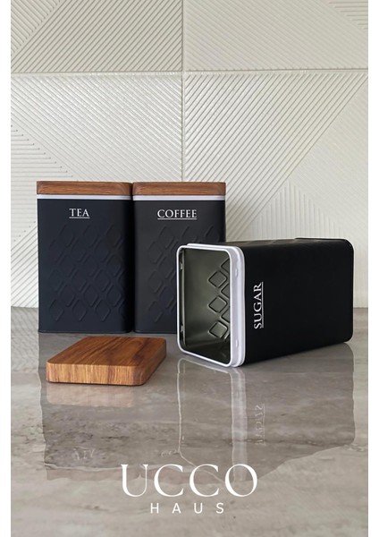 3'lü Dikdörtgen 1,6 Litre Siyah Metal Çay Kahve Şeker Saklama Kabı Kavanoz Erzak Kabı - 18 x 11 cm modelleri
