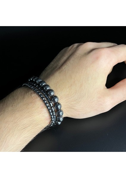 Doğal Taş Hematit 3'lü Kombin Makrome Bileklik, Şık ve Özgün Tasarım