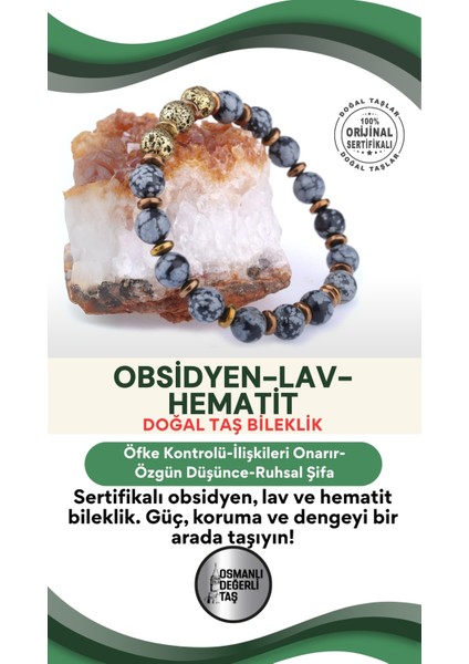 Sertifikalı Doğal Taş Bileklik, Obsidyen, Lav ve Hematit Taşlarıyla Şık Tasarım
