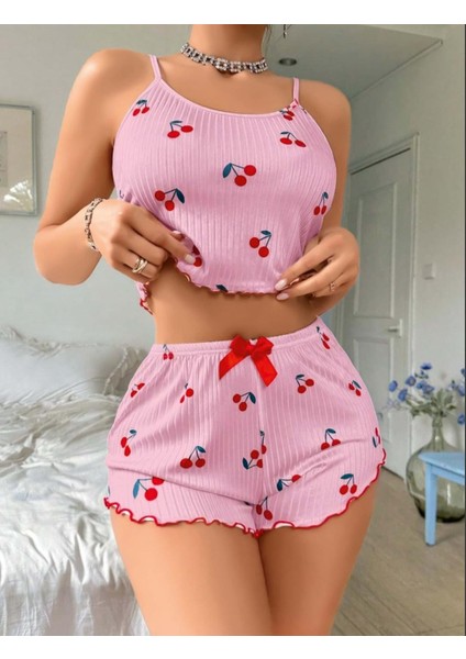La Vıor Style La Vıor Pembe Kiraz Desenli Askılı Şortlu Pijama modelleri