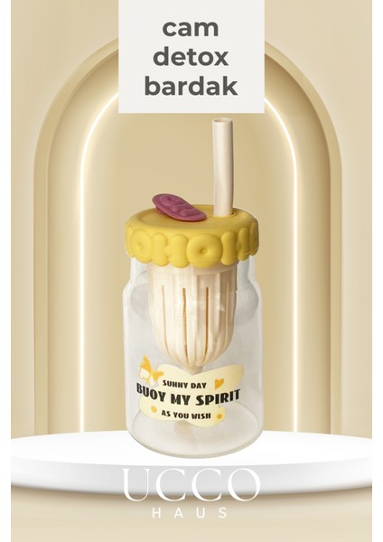 550ML Spirit Desenli Pipetli Cam Detox Matara Bardak - Süt, Su, Meşrubat, Limonata Sunum Bardağı