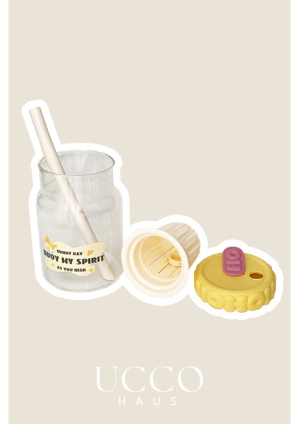 550ML Spirit Desenli Pipetli Cam Detox Matara Bardak - Süt, Su, Meşrubat, Limonata Sunum Bardağı